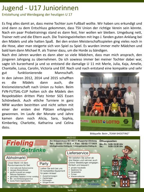 TSV Union Wuppertal e.V. - Vereinszeitschrift Zeit für Union - Ausgabe Oktober 2016