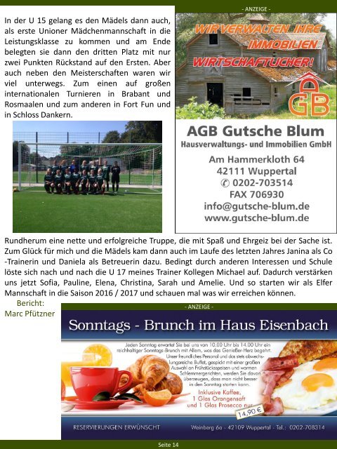 TSV Union Wuppertal e.V. - Vereinszeitschrift Zeit für Union - Ausgabe Oktober 2016