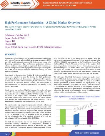 Demand for High Performance Polyamides to be Bolstered by the Auto and Electronics Sectors, Projected to Reach 271k MTs by 2022