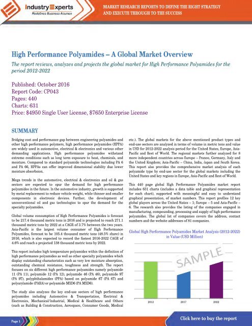 Demand for High Performance Polyamides to be Bolstered by the Auto and Electronics Sectors, Projected to Reach 271k MTs by 2022