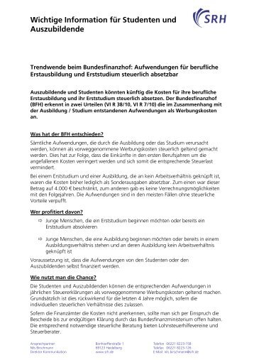 Ausbildungskosten absetzbar - SRH Hochschule Calw