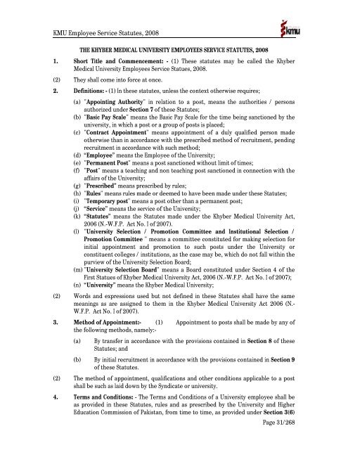KMU Employee Service Statutes, 2008 - Khyber Medical University