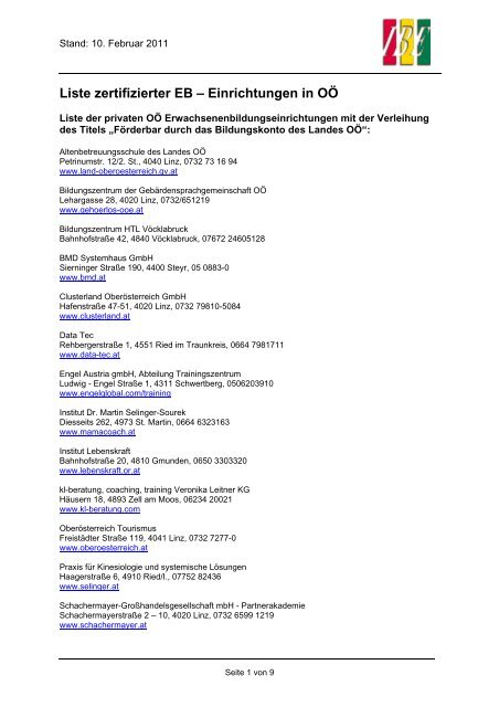 Liste zertifizierter EB – Einrichtungen in OÖ - Institut für Berufs