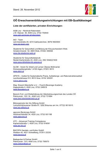 Liste zertifizierter EB – Einrichtungen in OÖ - Institut für Berufs