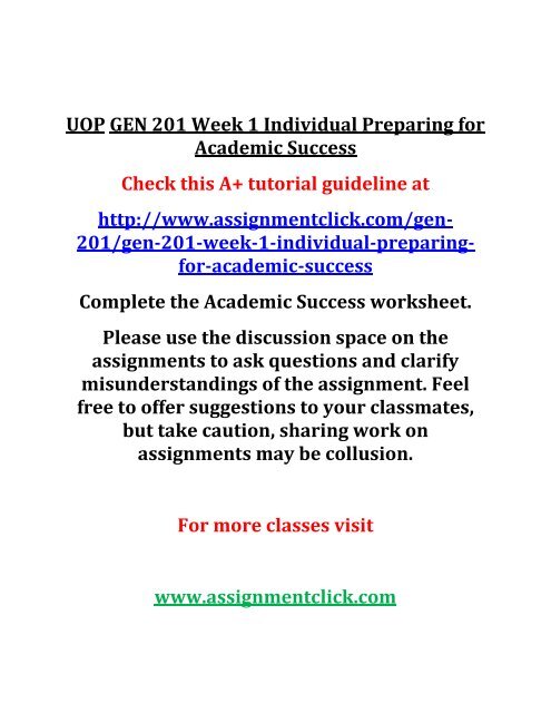 UOP GEN 201 Week 1 Individual Preparing for Academic Success