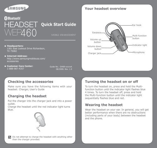 Samsung WEP460 Bluetooth Headset Kit, Black - AWEP460JBECSTA - User Manual  ver. 1.0 (ENGLISH,0.59 MB)