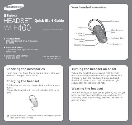 Samsung WEP460 Bluetooth Headset Kit Black AWEP460JBECSTA User Manual ver. 1.0 ENGLISH 0.59 MB