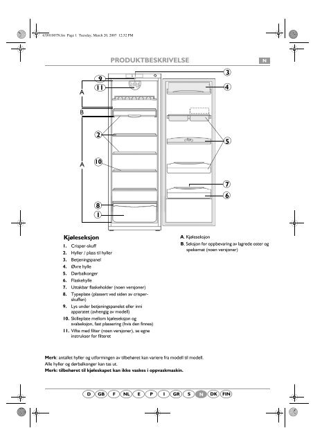 KitchenAid RE 180/1 - Refrigerator - RE 180/1 - Refrigerator NO (853937861010) Scheda programmi