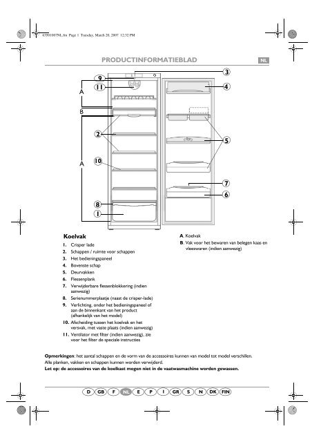 KitchenAid RE 180/1 - Refrigerator - RE 180/1 - Refrigerator NL (853937861010) Scheda programmi