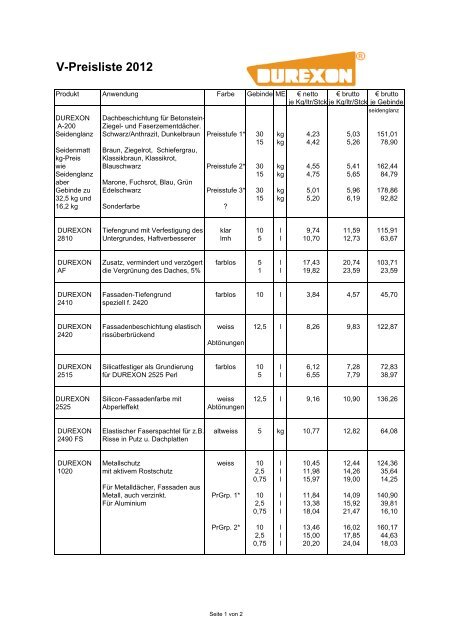 V-Preisliste 2012 - Dachbeschichtung von DUREXON