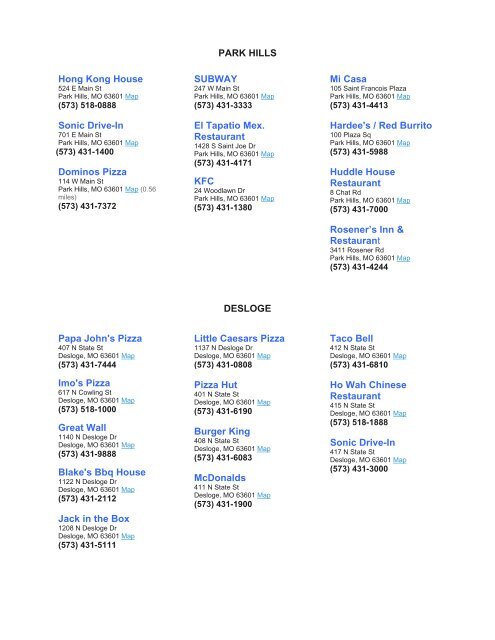 Mineral Area College Map Local Restaurant List - Mineral Area College