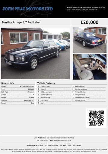 Bentley Arnage 6.7 Red Label Â£19999 - John Peat Motors