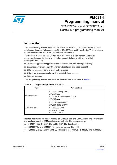 Stm32f3xxx And Stm32f4xxx Cortex M4 Programming Manual Stm32f3xxx And Stm32f4xxx Cortex M4 Programming Manual