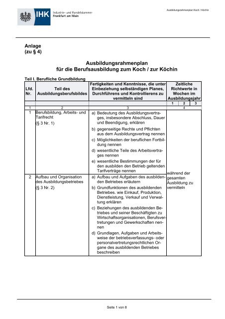 Ausbildungsrahmenplan Koch / Köchin