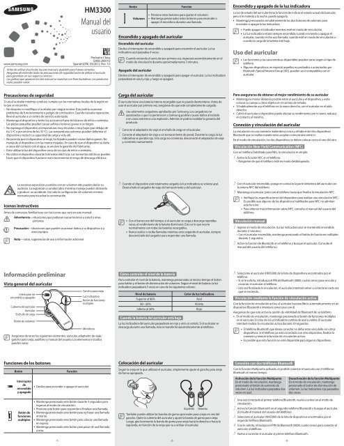 Samsung HM3300 Bluetooth Headset Marble White BHM3300NWACSTA User Manual ver. 1.0 SPANISH North America 0.78 MB