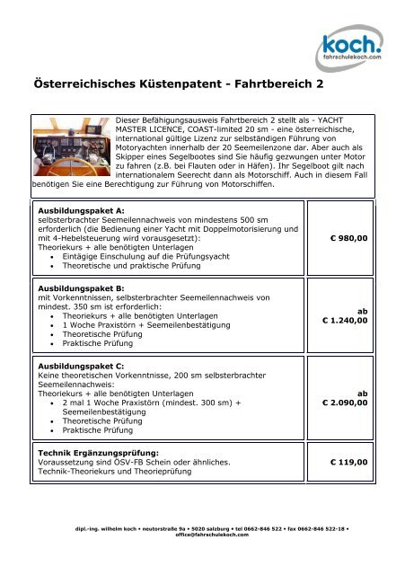 Österreichisches Küstenpatent Fahrtbereich 2 - Fahrschule Koch