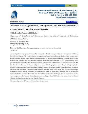 Abattoir wastes generation, management and the environment: a case of Minna, North Central Nigeria