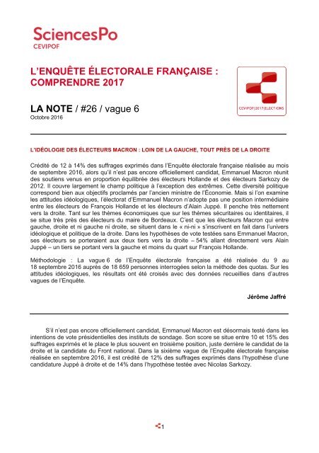 L’ENQUÊTE ÉLECTORALE FRANÇAISE  COMPRENDRE 2017 LA NOTE / #26 / vague 6