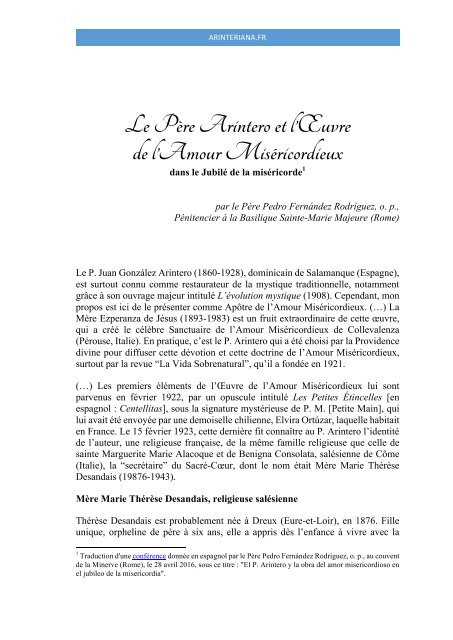 Le Pere Arintero Et L œuvre De L Amour Misericordieux