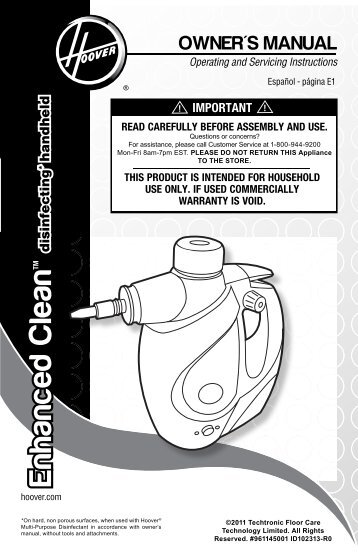 Hoover TwinTank Handheld Steam Cleaner - WH20100 - Manual