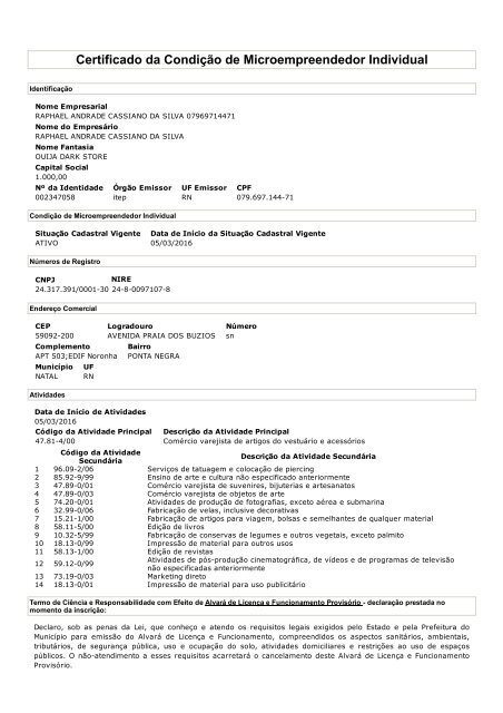 Certificado da Condicao de Microempreendedor Individual - Impressão