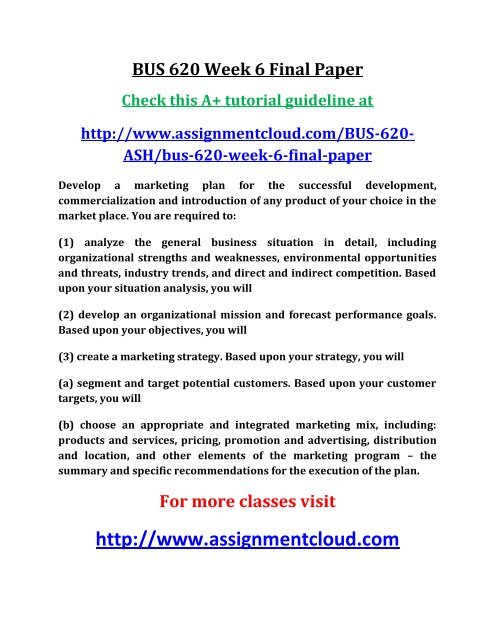 ASH BUS 620 Week 6 Final Paper