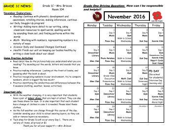 November 2016 calendar and curriculum expectations