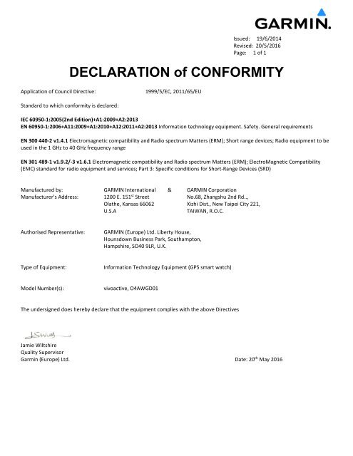 Garmin v&iacute;voactive&reg; - Declaration of Conformity