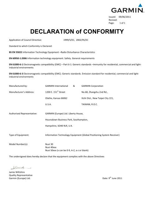 Garmin n&uuml;vi&reg; 40LM, Lower 48 States - Declaration of Conformity