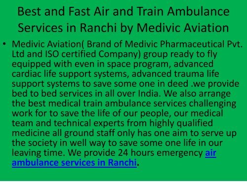Now Medivic Aviation Provide Air and Train Ambulance Services in Raipur and ranchi
