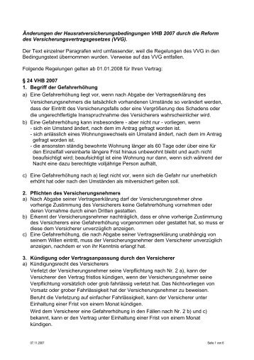 Änderungen der Hausratversicherungsbedingungen VHB 2007 ...