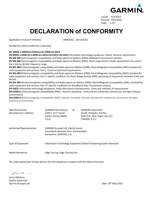 Garmin Edge&reg; Touring - Declaration of Conformity