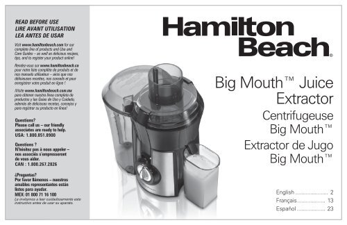 Hamilton Beach Big Mouth\u0026amp;reg; Juice Extractor (67602) - Use and Care  Guide