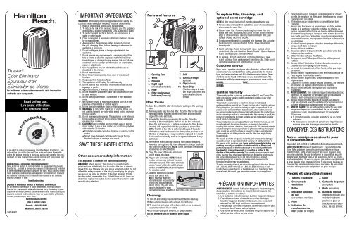 Hamilton Beach Febreze&reg; True Air&reg; All Purpose Odor Eliminator with Night Light (04531F) - Use and Care Guide