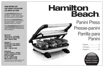 Hamilton Beach Panini Press Gourmet Sandwich Maker (25450) - Use and Care Guide