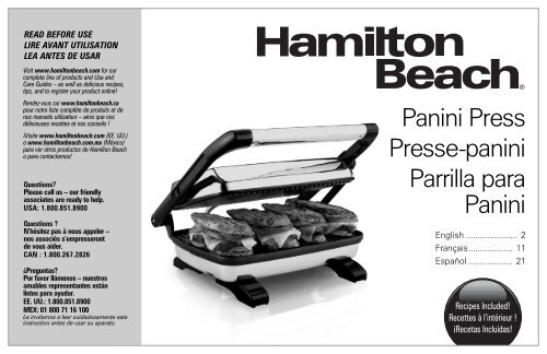 Hamilton Beach Panini Press Gourmet Sandwich Maker (25450) - Use and Care Guide