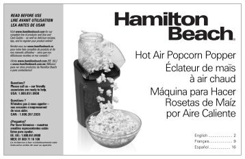 Hamilton Beach Hot Air Popcorn Popper (73400) - Use and Care Guide