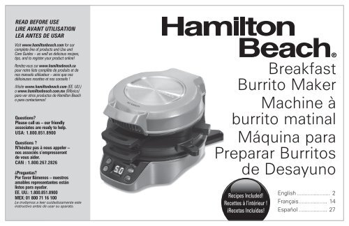 Hamilton Beach Breakfast Burrito Maker (25495) - Use and Care Guide