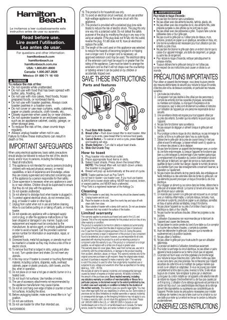 Hamilton Beach Brushed Stainless Steel 2-Slice Toaster (22910) - Use and Care Guide