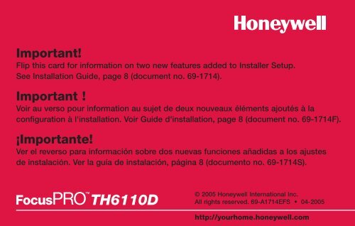 Honeywell FocusPRO&reg; 6000 5-1-1/5-2 Day Programmable Thermostat (TH6220D) - FocusPRO 6000 Series Programmable Thermostat Owner's Manual (English,French,Spanish) 