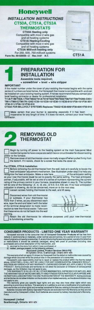 Honeywell Standard Non-Programmable Thermostat (CT5X) - Standard Non-Programmable Thermostat Installation Manual (French) 