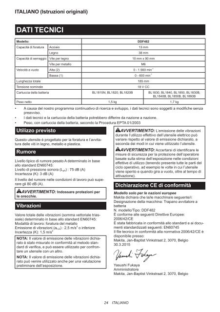 Makita Perceuse visseuse 18 V Li-Ion &Oslash; 13 mm (Machine seule) - DDF482Z - Notice