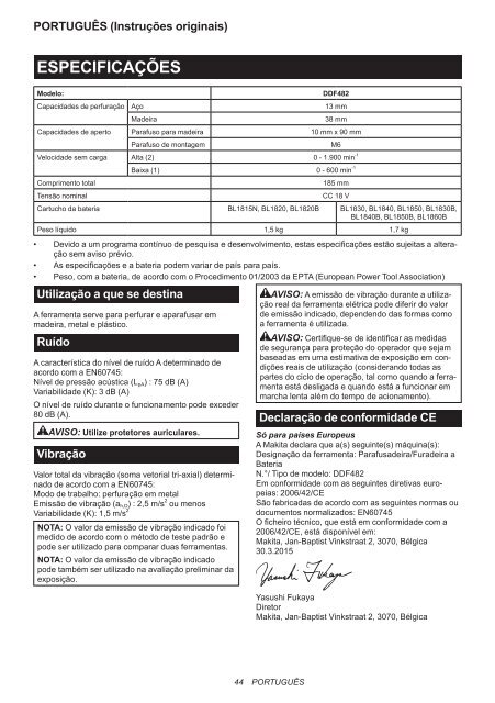 Makita Perceuse visseuse 18 V Li-Ion &Oslash; 13 mm (Machine seule) - DDF482Z - Notice