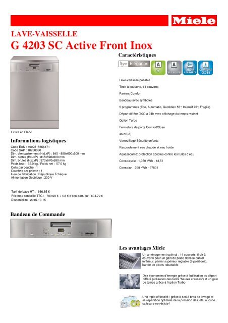 Miele Lave vaisselle Miele G 4203 SC Active Front Inox - fiche produit