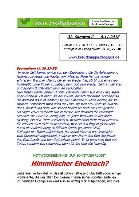 PREDIGT -- 32. Sonntag C --- 6.11.2016