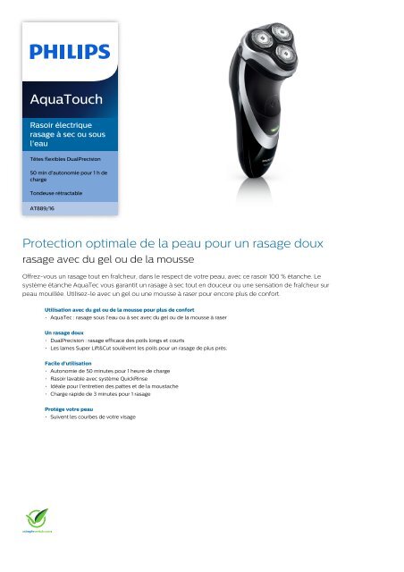 Philips AquaTouch Rasoir &eacute;lectrique rasage &agrave; sec ou sous l'eau - Fiche Produit - FRA