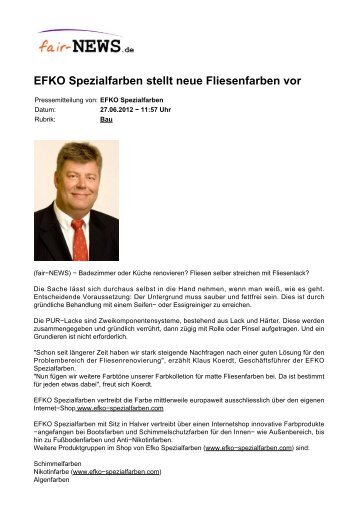 EFKO Spezialfarben stellt neue Fliesenfarben vor - fair-NEWS.de