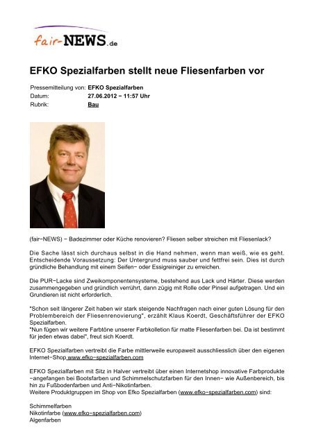 EFKO Spezialfarben stellt neue Fliesenfarben vor - fair-NEWS.de