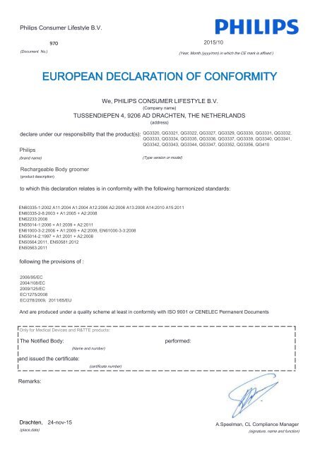 Philips Multigroom Series 3000 Tondeuse Barbe De Pr Eacute Cision 4 En 1 D Eacute Claration De Conformit Eacute