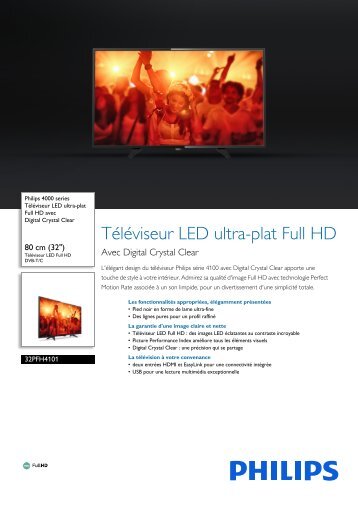 Philips TV LED Philips 32PFH4101 200Hz PMR - fiche produit